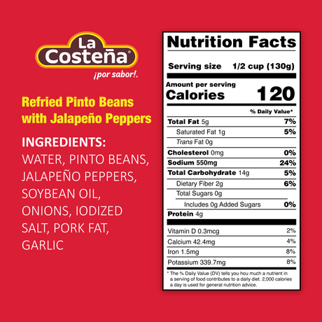 La Costeña refried pinto beans with jalapeño peppers / La Costeña Frijoles Pintos Refritos con Jalapeño