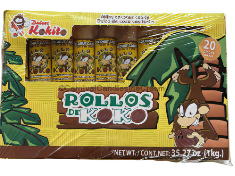Kokito Dulces Koko Rolls Caja 20 ud. / 1000g. / 1 kilogramo. / Dulces Kokito Rollos de Koko Caja 20 ud. / 35,27 onzas. / 1 kilogramo.
