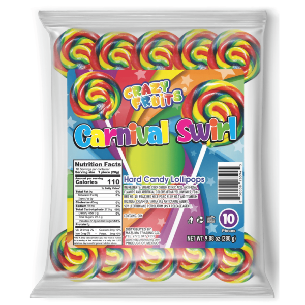 Piruletas en forma de remolino de carnaval de Crazy Fruits - 10 piezas. - 9,88 onzas. / Crazy Fruits Piruletas en forma de remolino de carnaval - 10 piezas. - 9,88 onzas.