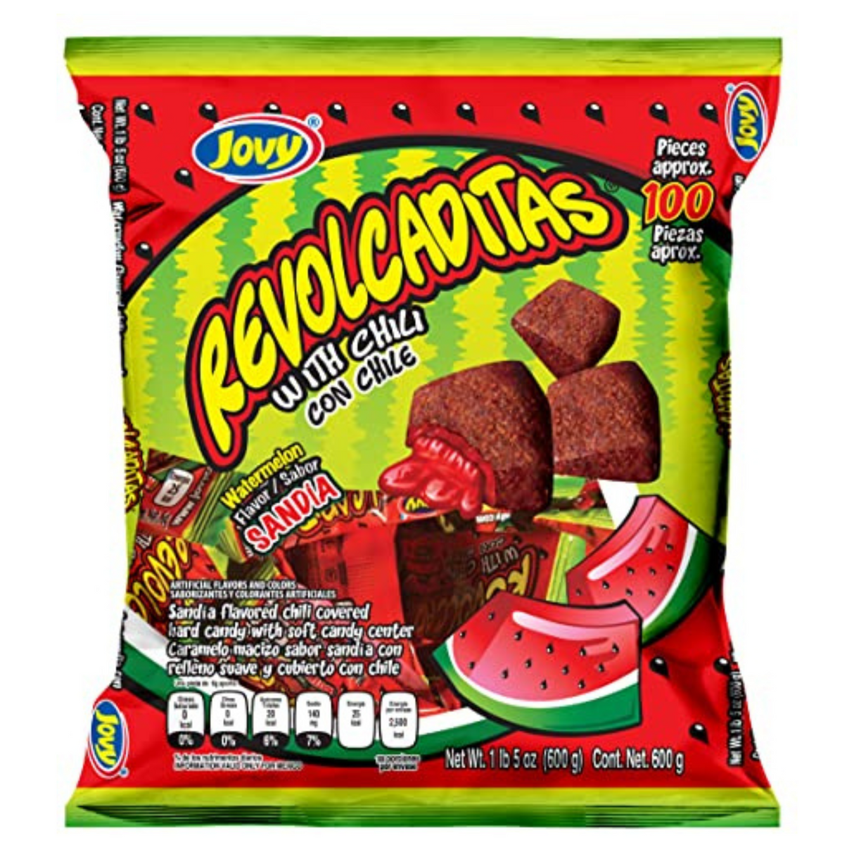 Jovy Revolcaditas  Watermelon Flavor with Chili 100 ct. 600 Grs./ Jovy Revolcaditas Sabor Sandía con Chile 100 ud. 600 Grs.