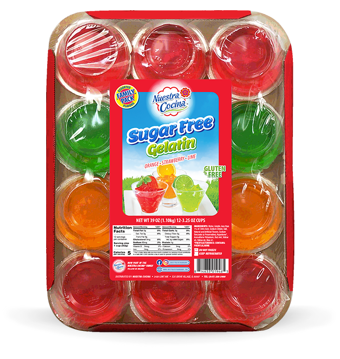 NUESTRA COCINA® Sugar Free Gelatin Family-Pack 12-  3.5 oz | - 39 Oz. / NUESTRA COCINA® Paquete familiar de gelatina sin azúcar 12 Ct. - 3.5 oz | - 39 onzas.